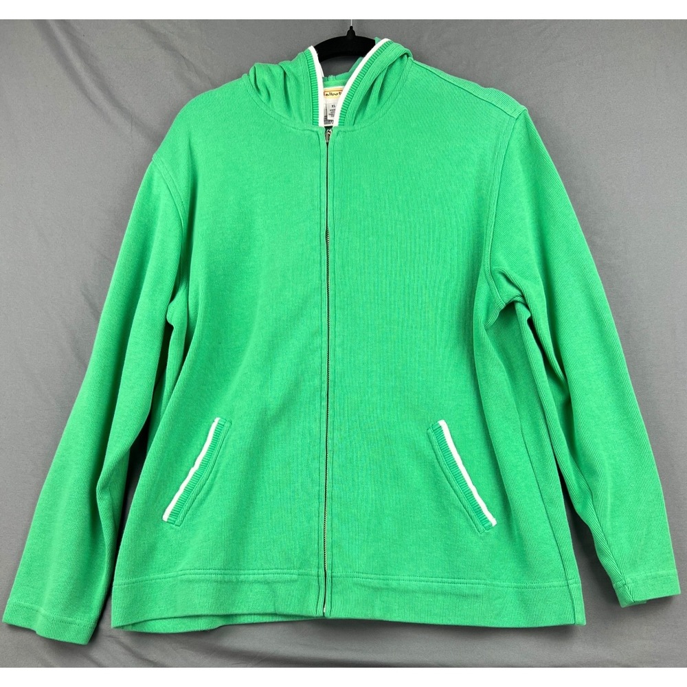 Talbots Hoodie Women XL Full Zip Sweatshirt Green 100% Cotton Ribbed Good